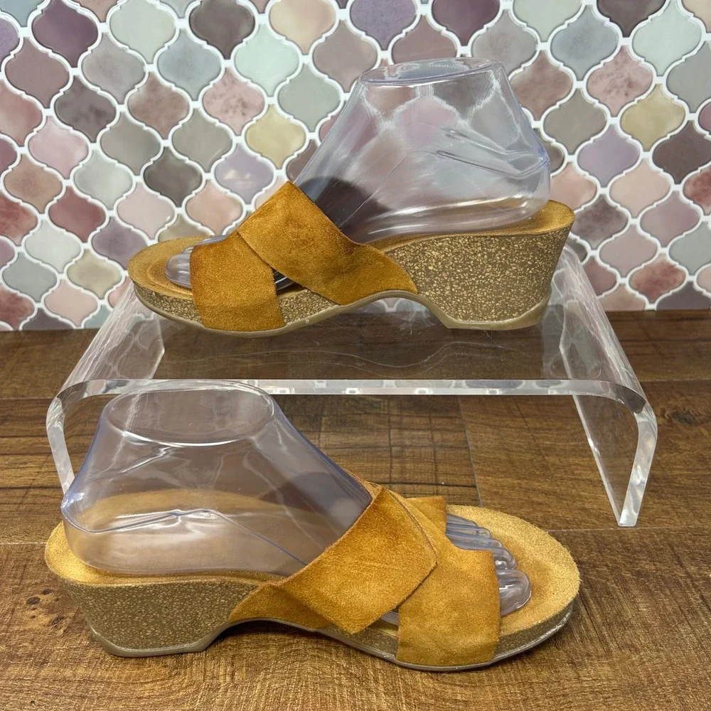Womens Yokono Suede Criss-Cross‎ Toe Loop Cork Slide Sandals Brown EU39